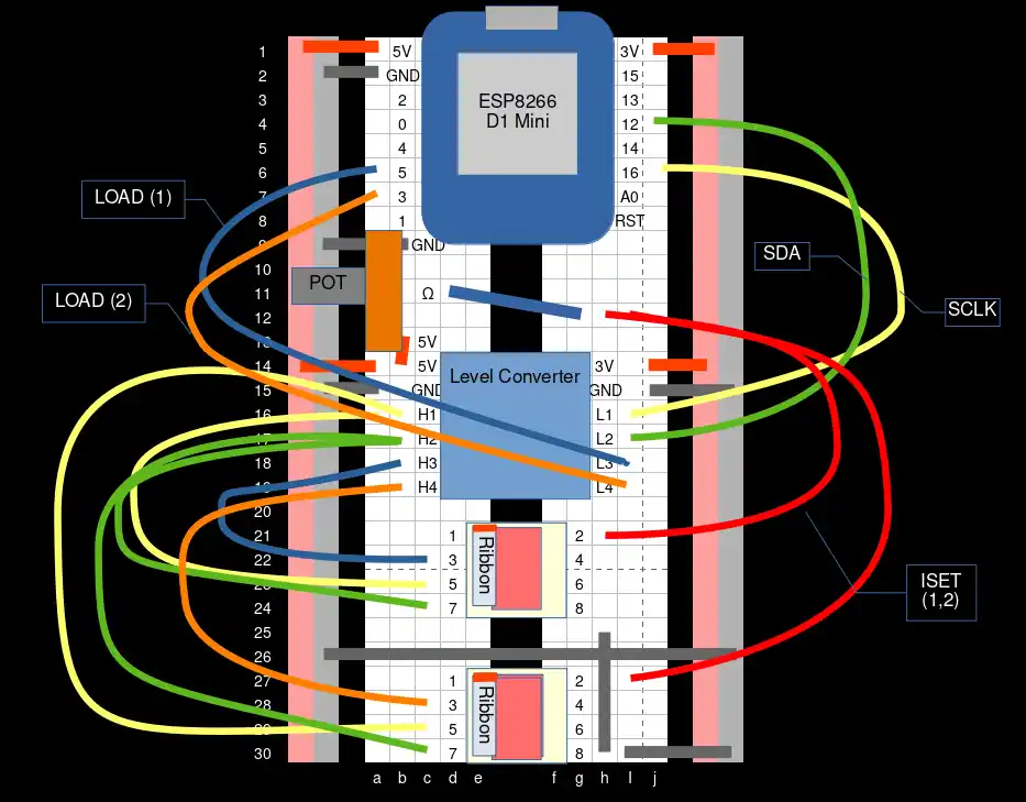 diagram of breadboard with labelled wires and components