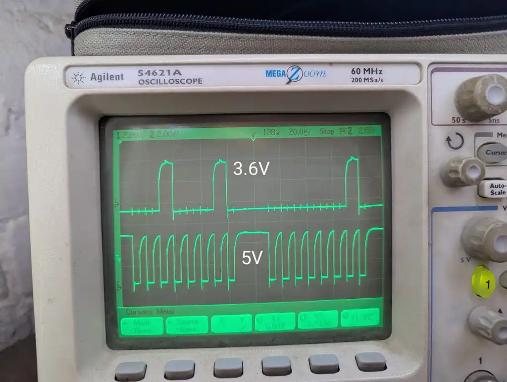 picture of oscilloscope showing two traces