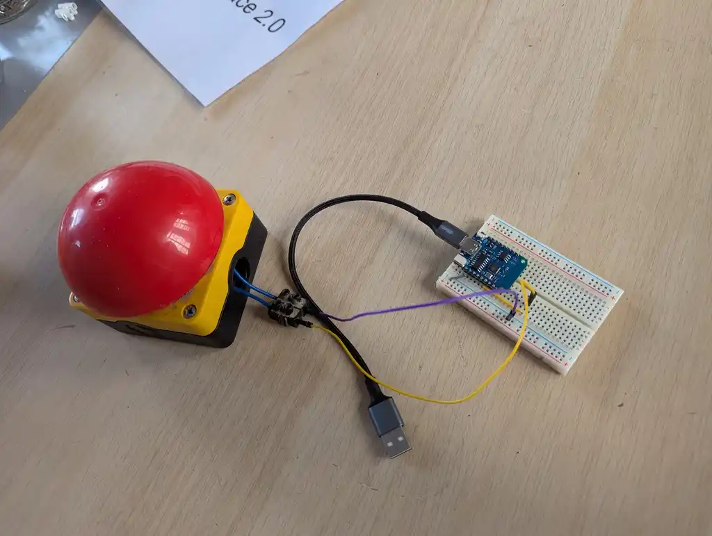 picture of large button connected to microcontroller