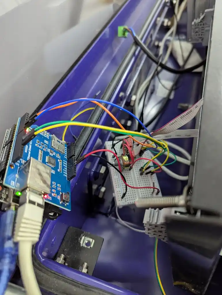 picture of messy breadboard attached to Arduino with Dupont cables