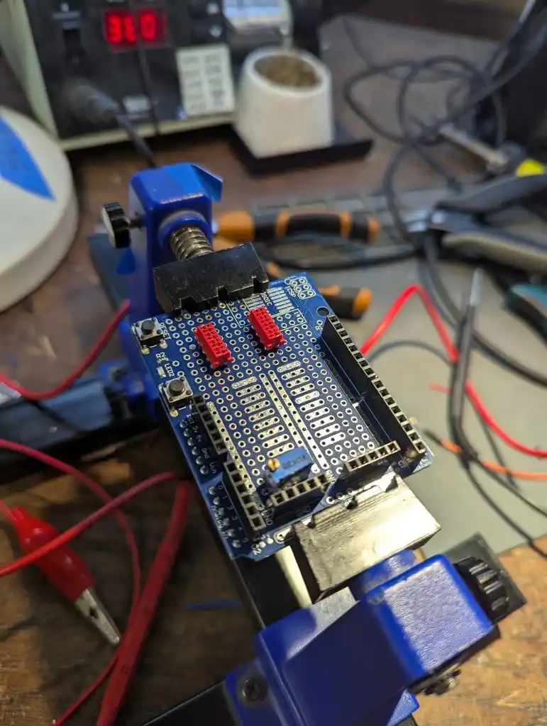 picture of prototype Arduino shield with components attached, including IDC connector