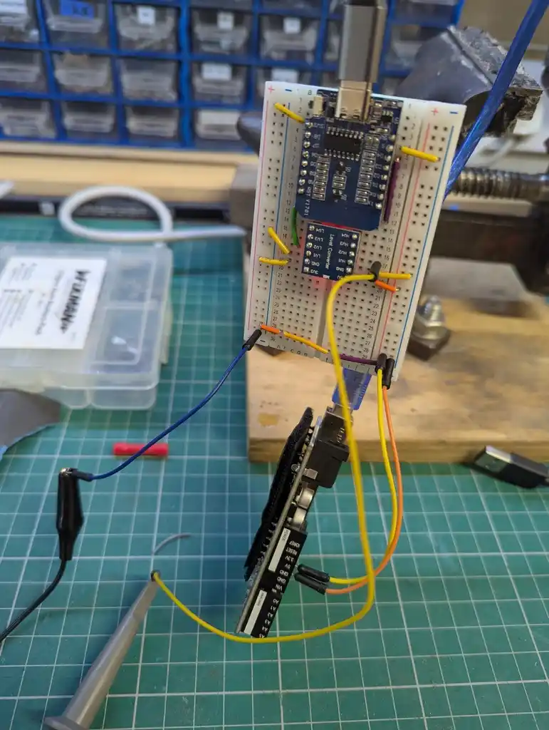 picture of breadboard attached to Arduino with Dupont cables