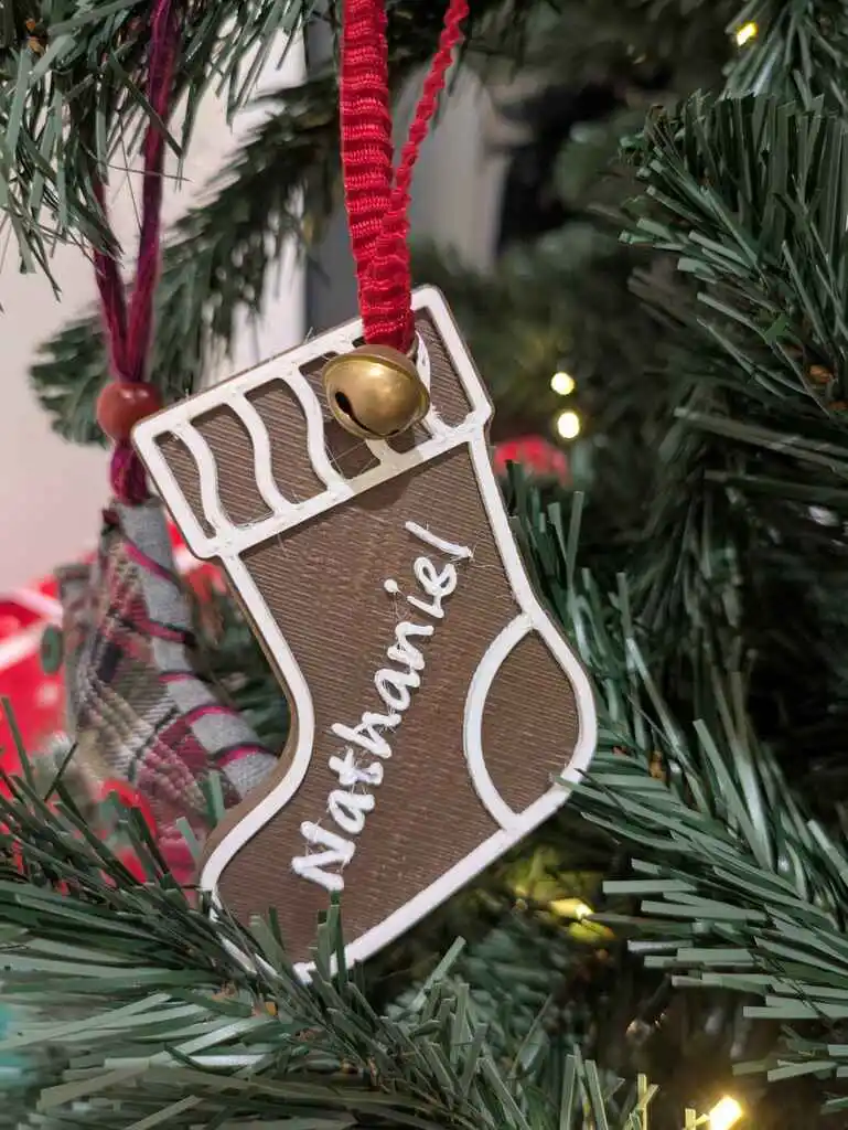 picture of 3D printed stocking hanging on a Christmas tree