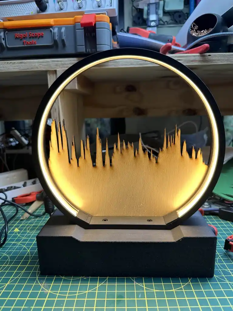 picture of 3D printed lamp assembly, assembled and lit