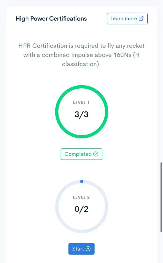 screenshot of a rocketry high power certification